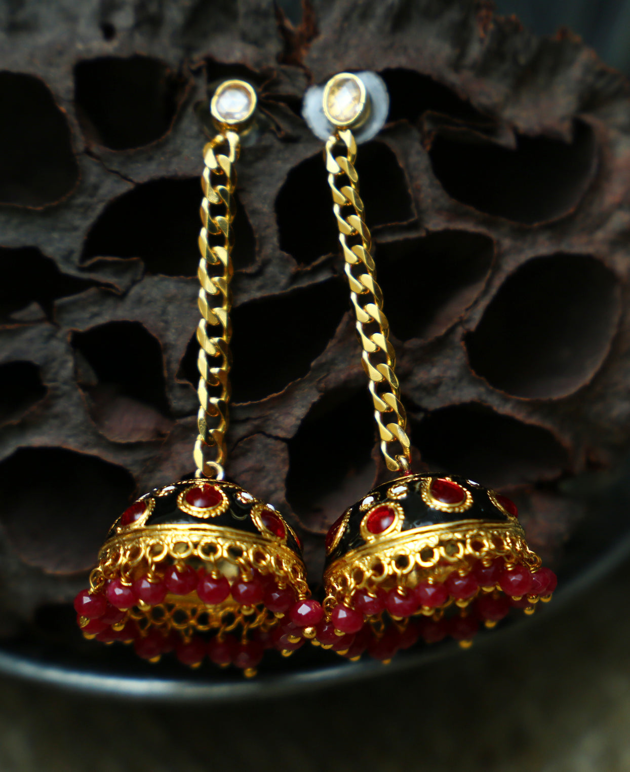 Indian Gold Plated Bahubali Earrings Chain With Glass Stone With Beaded  Jhumka | eBay